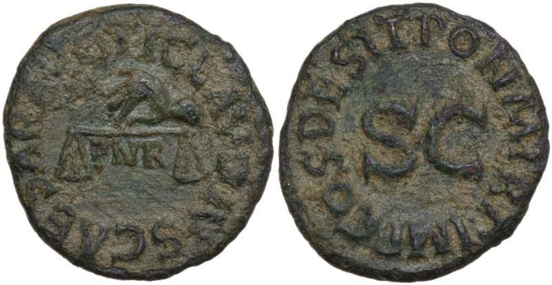 Claudius (41-54). AE Quadrans, 41 AD. Obv. TI CLAVDIVS CAESAR AVG. Hand left, ho...