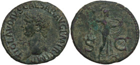 Claudius (41-54). AE As, c. 42-43. Obv. TI CLAVDIVS CAESAR AVG P M TR P IMP. Bare head left. Rev. S C across field, Minerva advancing right, brandishi...