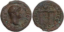 Nero (54-68). AE Semis, Rome mint, 62-68. Obv. NERO CAES AVG IMP. Laureate head right. Rev. CER QVINQ ROM CO S C. Table decorated with two gryphons co...