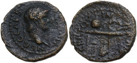 Nero (54-68). AE Semis, Rome mint, 62-68. Obv. NERO CAES[---]IMP. Laureate head right. Rev. CERT QV-IN[Q ROM CO] SC. Table decorated with two gryphons...