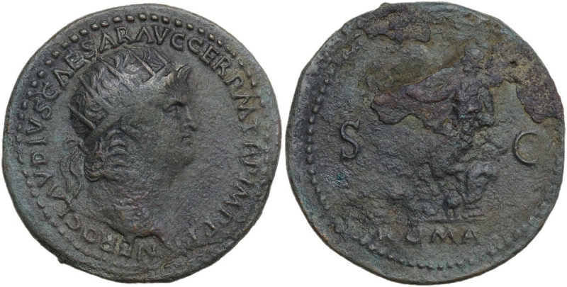 Nero (54-68). AE Dupondius, c. 65 AD. Obv. NERO CLAVDIVS CAESAR AVG GER P M TR P...