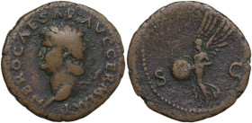 Nero (54-68). AE As, Roma mint, 62-68. Obv. NERO CAESAR AVG GERM IMP. Head of Nero left, laureate. Rev. Victoria advancing left, holding shield. RIC I...