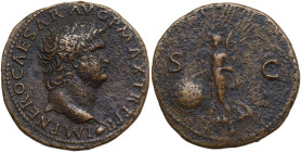 Nero (54-68). AE As, Lugdunum mint, 62-68. Obv. IMP NERO CAESAR AVG P MAX TR P PP. Head right. Rev. Victoria advancing left, holding shield. RIC I (2n...