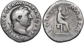 Vitellius (69 AD). AR Denarius, Rome mint, 69 AD. Obv. A VITELLIVS GERM IMP AVG TR P. Head of Vitellius, laureate, right. Rev. PONT MAXIM. Vesta, veil...