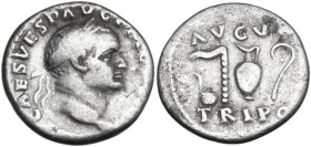 Vespasian (69-79). AR Denarius, Rome mint, 72-73. Obv. IMP CAES VESP AVG P M COS IIII. Head of Vespasian, laureate, right. Rev. AVGVR TRI POT. Simpulu...