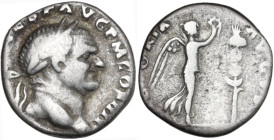 Vespasian (69-79). AR Denarius, Rome mint, 72-73. Obv. IMP CAES VESP AVG P M COS IIII. Head of Vespasian, laureate, right. Rev. VICTORIA AVGVSTI. Vict...