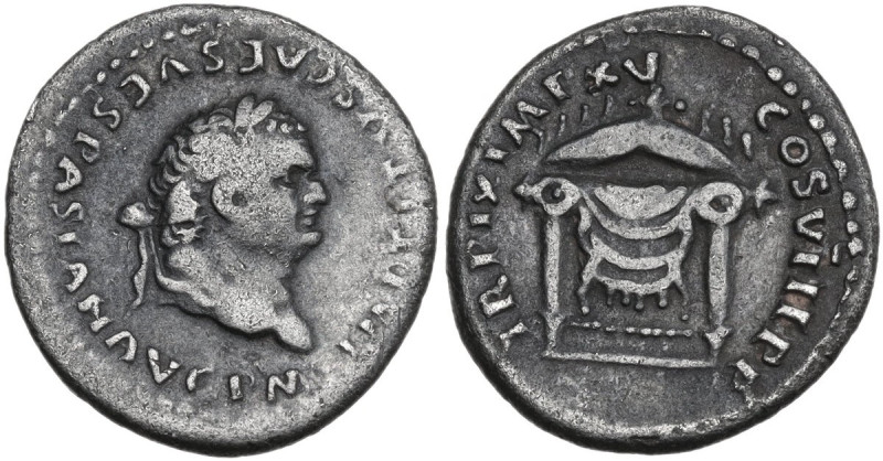 Titus (79-81). AR Denarius, Rome mint, 80 AD. Obv. IMP TITVS CAES VESPASIAN AVG ...