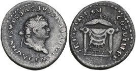 Titus (79-81). AR Denarius, Rome mint, 80 AD. Obv. IMP TITVS CAES VESPASIAN AVG P M. Head of Titus, laureate, right. Rev. TR P IX IMP XV COS VIII P P....