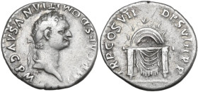 Domitian (81-96). AR Denarius, 81 AD., third issue. Obv. IMP CAES DOMITIANVS AVG P M. Laureate head right. Rev. COS VII DES VII P P. Thunderbolt on th...