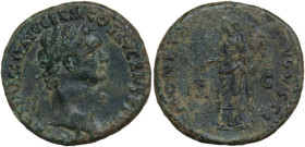 Domitian (81-96). AE As, Rome mint. Obv. IMP CAES DOMIT AVG GERM COS XII CENS PER P P. Laureate head to right, wearing aegis. Rev. MONETA AVGVSTI. Mon...