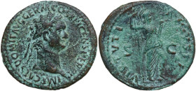 Domitian (81-96). AE As, 87 AD. Obv. IMP CAES DOMIT AVG GERM COS XIII CENS PER PP. Laureate bust right, wearing aegis. Rev. VIRTVTI AVGVSTI SC. Virtus...