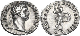Domitian (81-96). AR Denarius, Rome mint, 89 AD. Obv. IMP CAES DOMIT AVG GERM P M TR P VIIII. Head of Domitian, laureate, right. Rev. IMP XXI COS XIII...