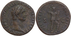 Domitian (81-96). AE As, Rome mint, 90-91. Obv. IMP CAES DOMIT AVG GERM COS XV CENS PER P P. Head of Domitian, laureate, right. Rev. VIRTVTI AVGVSTI S...