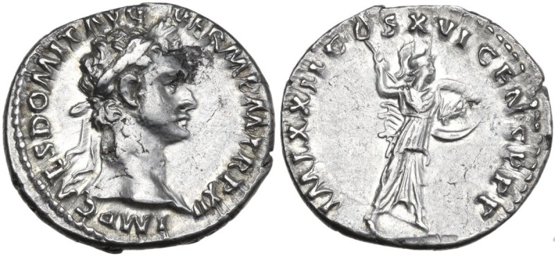 Domitian (81-96). AR Denarius, Rome mint, 92-93. Obv. IMP CAES DOMIT AVG GERM P ...