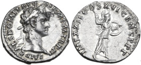 Domitian (81-96). AR Denarius, Rome mint, 92-93. Obv. IMP CAES DOMIT AVG GERM P M TR P XII. Head of Domitian, laureate, right. Rev. IMP XXII COS XVI C...