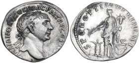 Trajan (98-117). AR Denarius, Rome mint, 103-111. Obv. IMP TRAIANO AVG GER DAC P M TR P COS V P P. Bust of Trajan, laureate, draped on left shoulder, ...