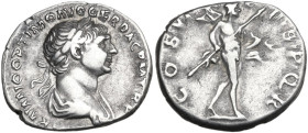 Trajan (98-117). AR Denarius, Rome mint, 114-117. Obv. IMP TRAIANO OPTIMO AVG GER DAC P M TR P. Bust of Trajan, laureate, draped, right. Rev. COS VI P...