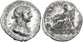 Trajan (98-117). AR Denarius, Rome mint, 114 AD. Obv. IMP CAES NER TRAIANO OPTIMO AVG GER DAC. Bust of Trajan, laureate, draped, right. Rev. P M TR P ...