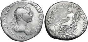 Trajan (98-117). AR Denarius, Rome mint, 114 AD. Obv. IMP CAES NER TRAIANO OPTIMO AVG GER DAC. Bust of Trajan, laureate, draped, right. Rev. P M TR P ...
