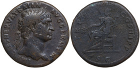 Trajan (98-117). AE Sestertius, Rome mint, 101-102. Obv. IMP CAES NERVA TRAIAN AVG GERM P M. Head of Trajan, laureate, right. Rev. TR POT COS IIII P P...