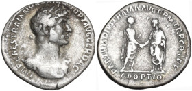 Hadrian (117-138). AR Denarius, Rome mint, 117 AD. Obv. IMP CAES TRAIAN HADRIANO OPT AVG GER DAC. Bust of Hadrian, laureate, cuirassed, right, viewed ...