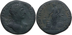 Hadrian (117-138). AE Sestertius, Rome mint, 118 AD. Obv. IMP CAESAR TRAIANVS HADRIANVS AVG. Bust of Hadrian, laureate, bare chest, traces of drapery ...