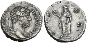 Hadrian (117-138). Denarius, Rome mint, 137-138. Obv. HADRIANVS AVG COS III P P. Head of Hadrian, laureate, right. Rev. SPES P R. Spes advancing left,...