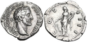 Antoninus Pius (138-161). AR Denarius, Rome mint, 150-151. Obv. ANTONINVS AVG PIVS P P TR P XIIII. Head of Antoninus Pius, laureate, right. Rev. COS I...