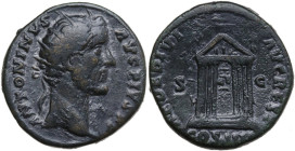 Antoninus Pius (138-161). AE Dupondius, Rome mint, 158-159. Obv. ANTONINVS AVG PIVS P P TR P XXII. Head of Antoninus Pius, radiate, right. Rev. AEDE D...