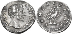 Antoninus Pius (Divus, after 161 AD). AR Denarius, struck under M. Aurelius. Obv. DIVVS ANTONINVS. Bare head right. Rev. CONSECRATIO. Eagle standing r...