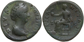 Diva Faustina I (after 141 AD). AE Sestertius, Rome mint, 141 AD. Obv. DIVA FAVSTINA. Bust of Faustina I, draped, right, hair elaborately waved and co...