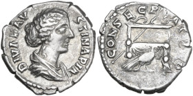 Diva Faustina II (after 176 AD). AR Denarius, Rome mint, 176-180. Obv. DIVA FAVSTINA PIA. Bust of Diva Faustina II, hair waved and fastened in a bun o...