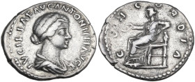 Lucilla, wife of Lucius Verus (died 183 AD). Denarius, Rome mint, 164-180. Obv. LVCILLAE AVG ANTONINI AVG F. Bust of Lucilla, bare-headed, hair waved ...