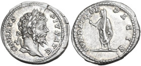 Septimius Severus (193-211). AR Denarius, c. 203 AD. Obv. SEVERVS PIVS AVG. Laureate head right. Rev. FVNDAT-OR PACIS. Septimius standing left, holdin...