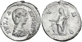 Julia Domna (died 217 AD). AR Denarius, Rome mint, 196-211. Obv. IVLIA AVGVSTA. Bust of Julia Domna, hair waved and coiled at back, draped, right. Rev...