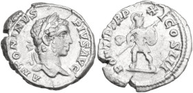 Caracalla (198-217). AR Denarius, 208 AD. Obv. Head of Caracalla, laureate, right. Rev. Mars, helmeted, standing right, right foot drawn back, holding...