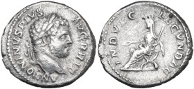 Caracalla (198-217). AR Denarius, Rome mint, 210-213. Obv. ANTONINVS PIVS AVG BRIT. Head of Caracalla, laureate, bearded, right. Rev. INDVLG FECVNDAE....