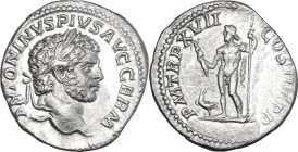 Caracalla (198-217). AR Denarius, 214 AD. Obv. Head of Caracalla right, laureate. Rev. Jupiter standing left, holding thunderbolt and scepter; to feet...