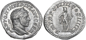 Caracalla (198-217). AR Denarius, Rome mint, 216 AD. Obv. ANTONINVS PIVS AVG GERM. Head of Caracalla, laureate, right. Rev. P M TR P XVIIII COS IIII P...