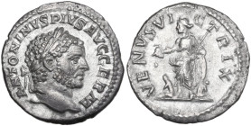Caracalla (198-217). AR Denarius, Rome mint, 213-217. Obv. ANTONINVS PIVS AVG GERM. Head of Caracalla, laureate, right. Rev. VENVS VICTRIX. Venus, dra...