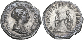Plautilla (died 212 AD). AR Denarius, Rome mint, 202-205. Obv. PLAVTILLAE AVGVSTAE. Bust of Plautilla, hair coiled in ridges, fastened in bun at back,...