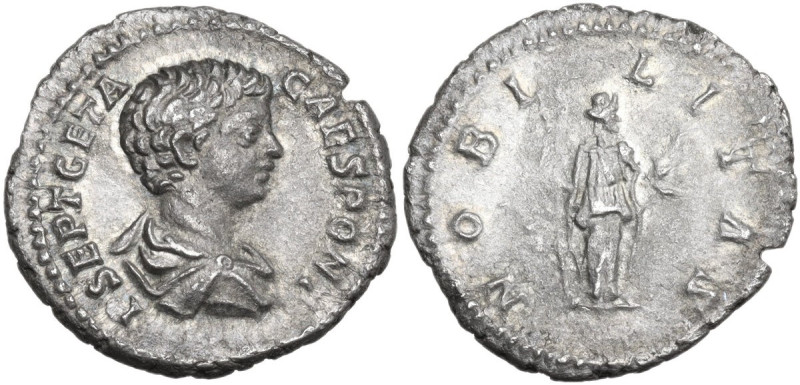 Geta (198-212). AR Denarius, 200-202. Obv. Bust right, draped, cuirassed. Rev. N...