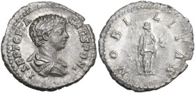 Geta (198-212). AR Denarius, 200-202. Obv. Bust right, draped, cuirassed. Rev. Nobilitas standing right, holding scepter and palladium. RIC IV 13a. AR...