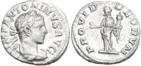 Elagabalus (218-222). AR Denarius. Obv. Bust of Elagabalus, laureate, draped, right. Rev. Providentia, draped, standing left, holding globe in extende...