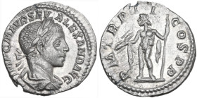 Severus Alexander (222-235). AR Denarius, Rome mint, 223 AD. Obv. IMP C M AVR SEV ALEXAND AVG. Bust of Severus Alexander, laureate, draped, right. Rev...