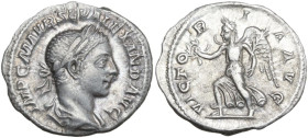 Severus Alexander (222-235). AR Denarius, Rome mint, 222-228. Obv. IMP C M AVR SEV ALEXAND AVG. Bust of Severus Alexander, laureate, draped, right. Re...