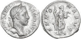Severus Alexander (222-235). AR Denarius, 228-231. Obv. IMP SEV ALEXAND AVG. Laureate bust right, with drapery on left shoulder. Rev. ANNONA AVG. Anno...