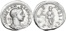 Severus Alexander (222-235). AR Denarius. Rome mint. 232 AD. Obv. IMP ALEXAN-DER PIVS AVG. Laureate, draped and cuirassed bust right. Rev. SPE-S PVBLI...