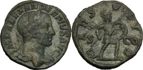 Severus Alexander (222-235). AE Sestertius, 231-235. Obv. Bust right, laureate, draped on left shoulder. Rev. Mars standing right, holding spear and s...