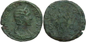 Julia Mamaea (died 235 AD). AE Sestertius. Obv. IVLIA MAMAEA AVGVSTA. Diademed and draped bust right. Rev. [V]ESTA SC. Vesta standing facing, head lef...